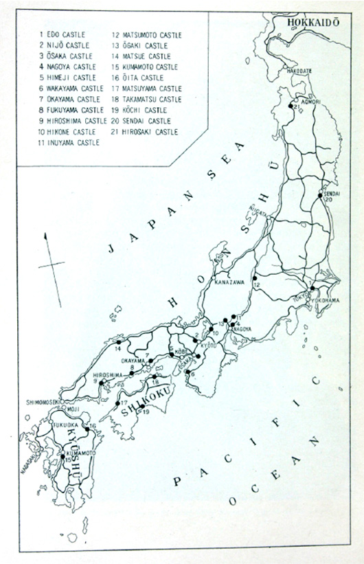 Map of main castles still standing in Japan