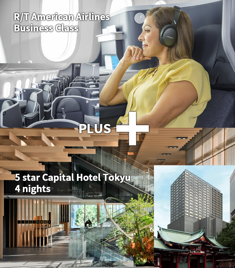 R/T American Airlines Business Class + 5 star Capital Hotel Tokyu 4 nights